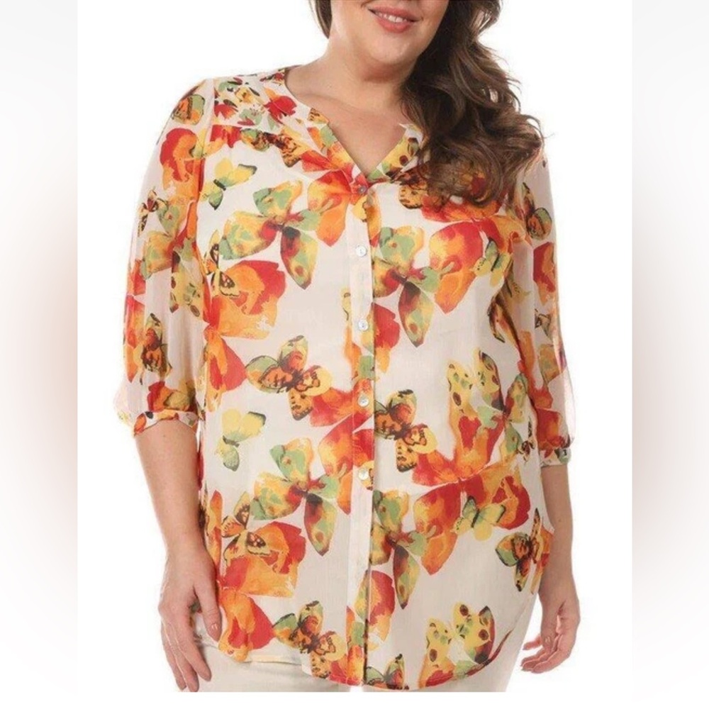 NWOT FIGUEROA & FLOWER Sheer Butterfly Top Blouse Women’s Medium Petite